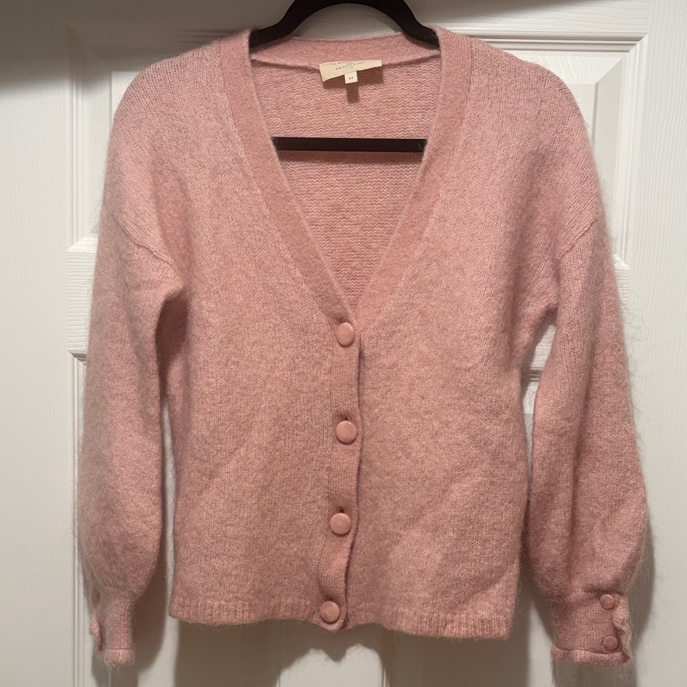 Sezane Pink Button-Front Fuzzy V-Neck Cardigan